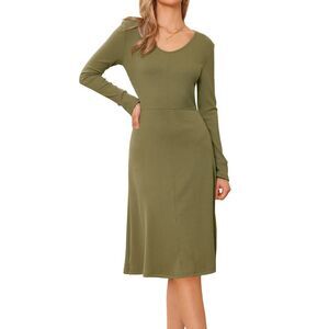 Ribbed Knitted Long Sleeve Crew Neck Midi Sweater Dress Olive Green